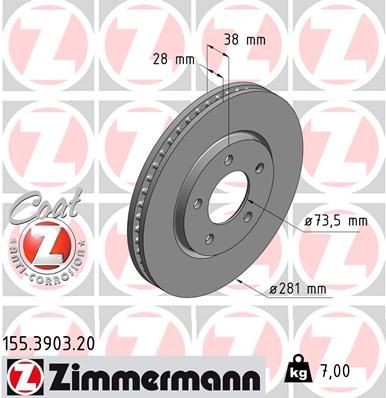 ZIMMERMANN 155.3903.20: Piduriketas Ø: 281mm, sisemine õhutus, Ø: 281mm, kaetud COAT Z