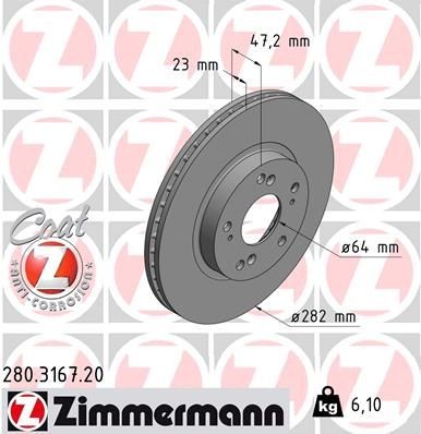 ZIMMERMANN 280.3167.20: Piduriketas Ø: 282mm, sisemine õhutus, Ø: 282mm, kaetud COAT Z