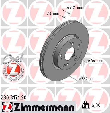 ZIMMERMANN 280.3171.20: Piduriketas Ø: 282mm, sisemine õhutus, Ø: 282mm, kaetud COAT Z