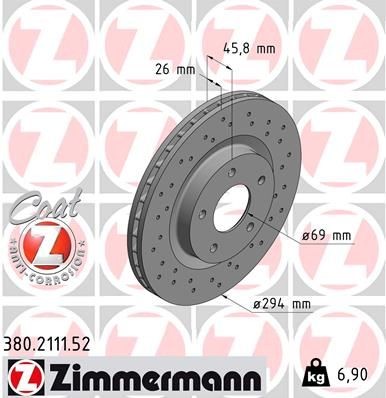 ZIMMERMANN 380.2111.52: Piduriketas Ø: 294mm, sisemine õhutus, perforeeritud, Ø: 294mm, kaetud SPORT COAT Z