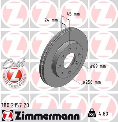 ZIMMERMANN 380.2157.20: Disc de frână Ř: 256mm, ventilat interior, Ř: 256mm, acoperit (cu un strat protector) COAT Z