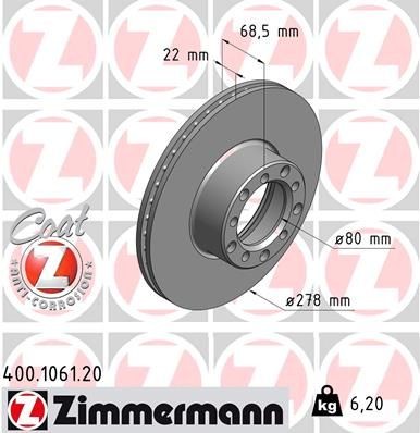 ZIMMERMANN 400.1061.20: Piduriketas Ø: 278mm, sisemine õhutus, Ø: 278mm, kaetud COAT Z