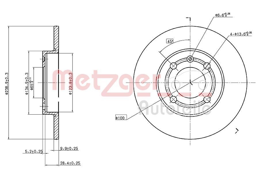 METZGER 6110137: Stabdžių diskas priekinė ašis, kairė, priekinė ašis, dešinė, Ø: 239mm, visiškai, Ø: 239mm, nudažyta, Kryžminis šlifavimas, su varžtais
