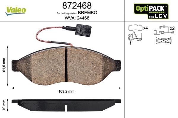 VALEO 872468: Piduriklotsid OPTIPACK for LCV Esisild, ilma kruvideta, suure koormusega kasutusalade jaoks