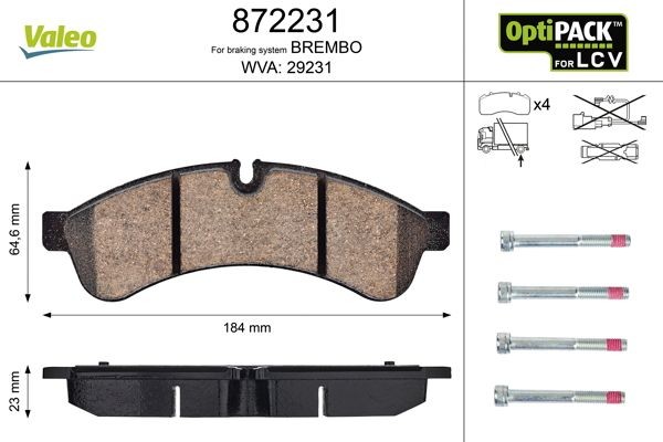 VALEO 872231: Piduriklotsid OPTIPACK for LCV Tagasild, ilma kruvideta, suure koormusega kasutusalade jaoks