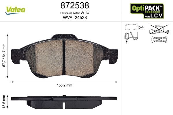 VALEO 872538: Piduriklotsid OPTIPACK for LCV Esisild, ilma kruvideta, suure koormusega kasutusalade jaoks