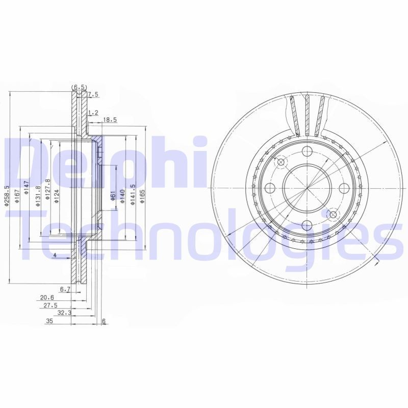 DELPHI BG2625C: Bremseskive Ø: 259mm, ventileret, Ø: 259mm, coatet