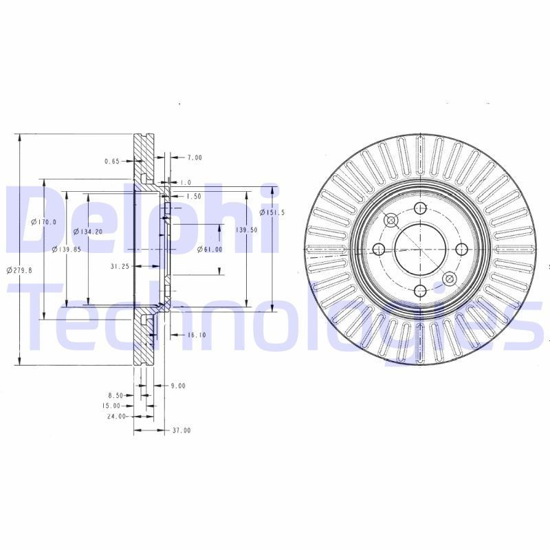 DELPHI BG3430C: Piduriketas Ø: 280mm, õhutusega, Ø: 280mm, kaetud