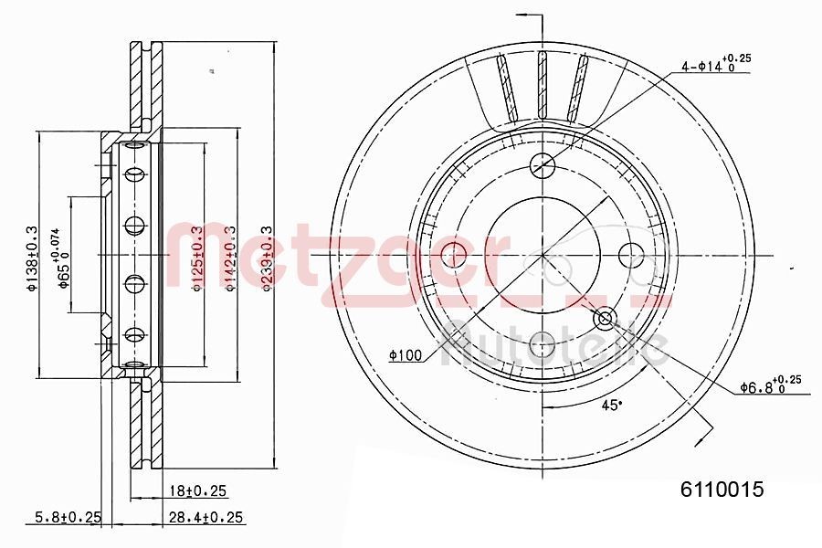 METZGER 6110015: Bromsskiva framaxel vänster, framaxel höger, Ø: 239mm, ventilerad invändigt, Ø: 239mm, lackerad, Korsslipning