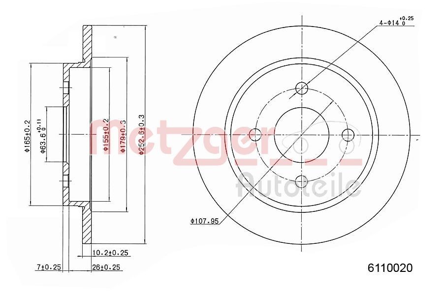METZGER 6110020: Piduriketas Tagasild, Ø: 253mm, täis, Ø: 253mm, värvitud, Ristlihvimine
