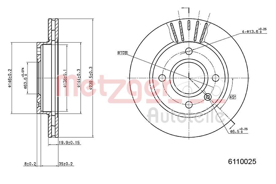METZGER 6110025: Piduriketas esisild vasakul, esisild paremal, Ø: 240mm, sisemine õhutus, Ø: 240mm, värvitud, Ristlihvimine