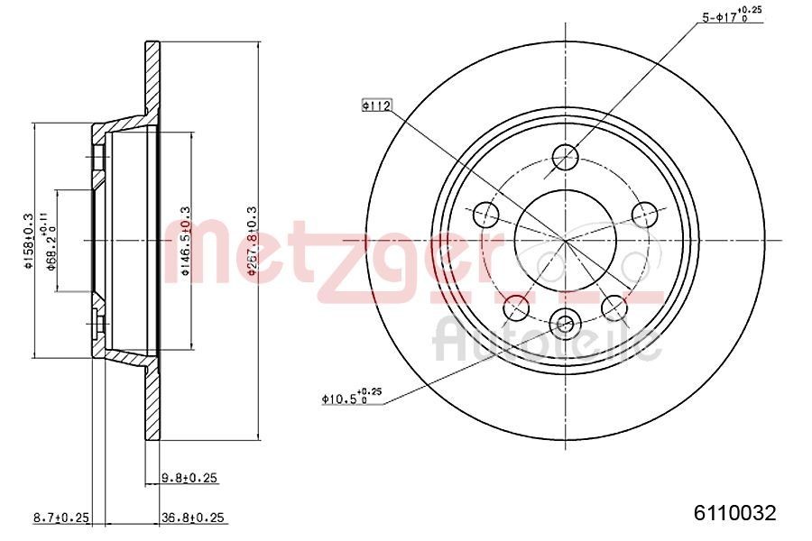 METZGER 6110032: Disc de frână puntea spate, Ř: 268mm, plin, Ř: 268mm, lacuit, Șlefuire în cruce