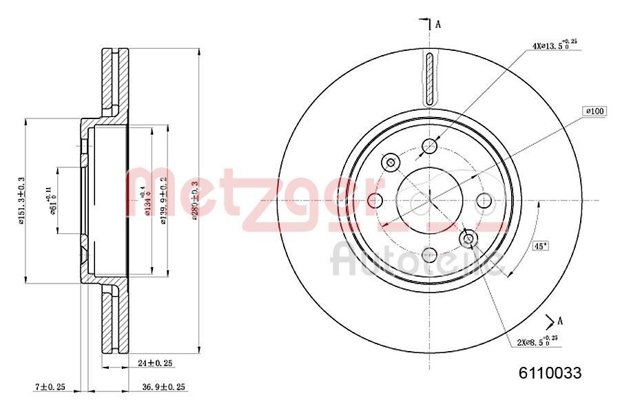 METZGER 6110033: Piduriketas esisild vasakul, esisild paremal, Ø: 280mm, sisemine õhutus, Ø: 280mm, värvitud, Ristlihvimine, koos kruvidega