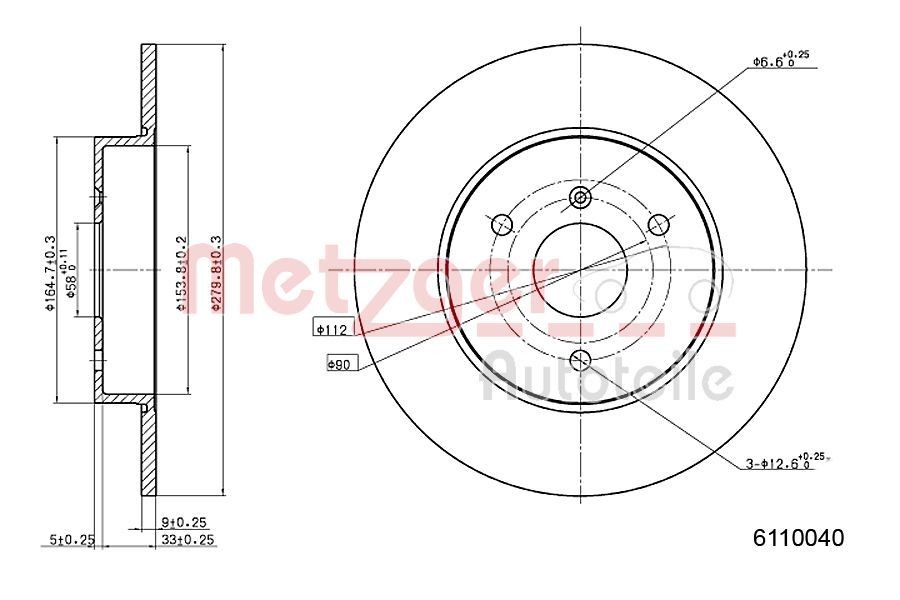 METZGER 6110040: Disc de frână Axa fata stanga, Axa fata dreapta, Ř: 280mm, plin, Ř: 280mm, lacuit, Șlefuire în cruce, fara suruburi