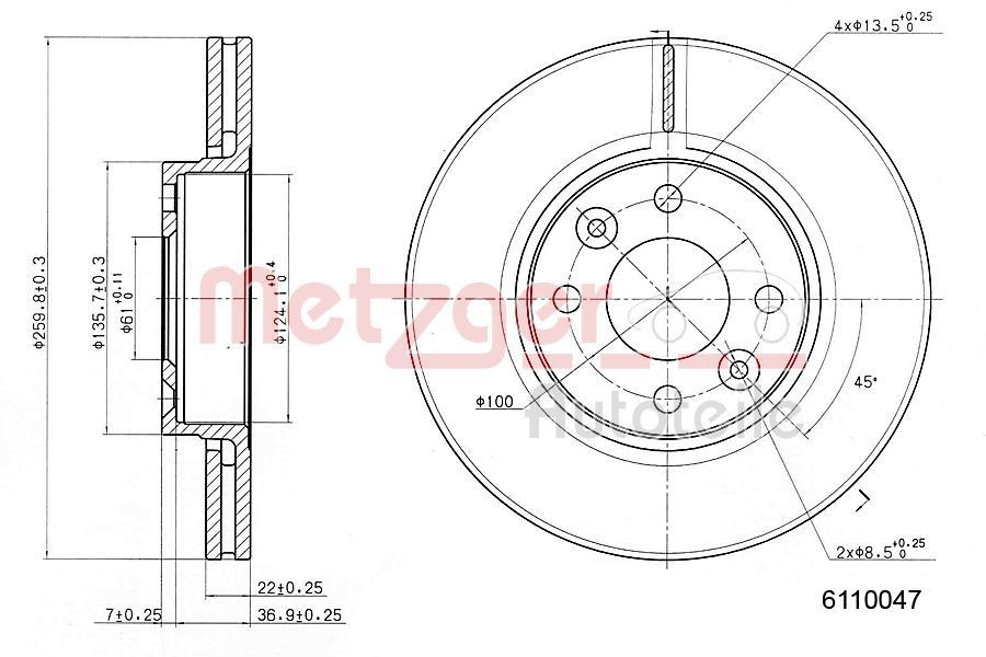 METZGER 6110047: Brzdový kotúč predna naprava vlavo, Predna naprava vpravo, Ø: 260mm, s vnútorným chladením, Ø: 260mm, lakovane, Krížový výbrus, bez skrutiek