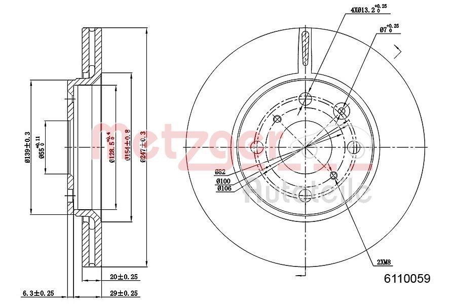 METZGER 6110059: Bromsskiva framaxel vänster, framaxel höger, Ø: 247mm, ventilerad invändigt, Ø: 247mm, lackerad, Korsslipning