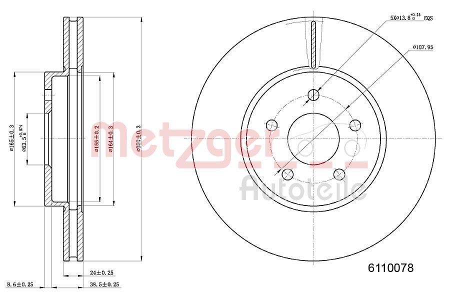 METZGER 6110078: Disc de frână Axa fata stanga, Axa fata dreapta, Ř: 300mm, ventilat interior, Ř: 300mm, lacuit, Șlefuire în cruce