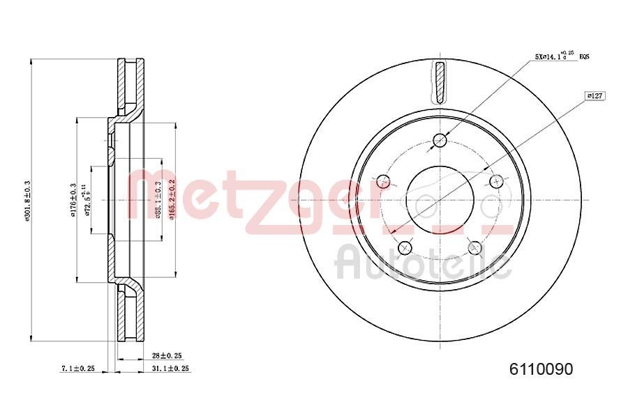 METZGER 6110090: Bremsscheibe Vorderachse links, Vorderachse rechts, Ø: 302mm, innenbelüftet, Ø: 302mm, lackiert, Kreuzschliff
