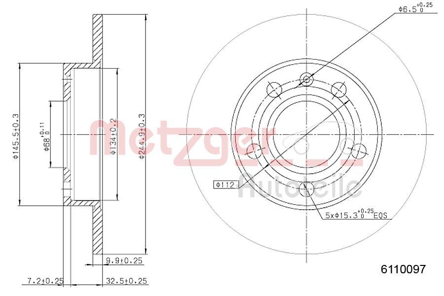 METZGER 6110097: Piduriketas Tagasild, Ø: 245mm, täis, Ø: 245mm, värvitud, Ristlihvimine