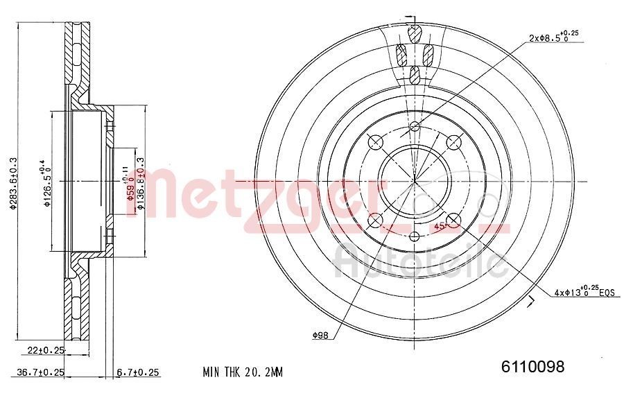 METZGER 6110098: Piduriketas esisild vasakul, esisild paremal, Ø: 284mm, sisemine õhutus, Ø: 284mm, värvitud, Ristlihvimine, koos kruvidega