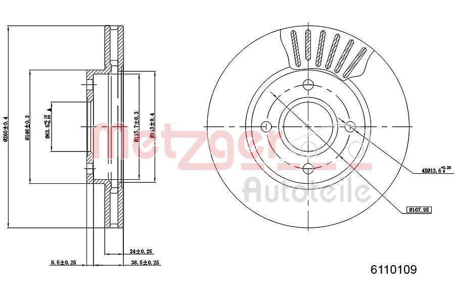 METZGER 6110109: Piduriketas esisild vasakul, esisild paremal, Ø: 260mm, sisemine õhutus, Ø: 260mm, värvitud, Ristlihvimine