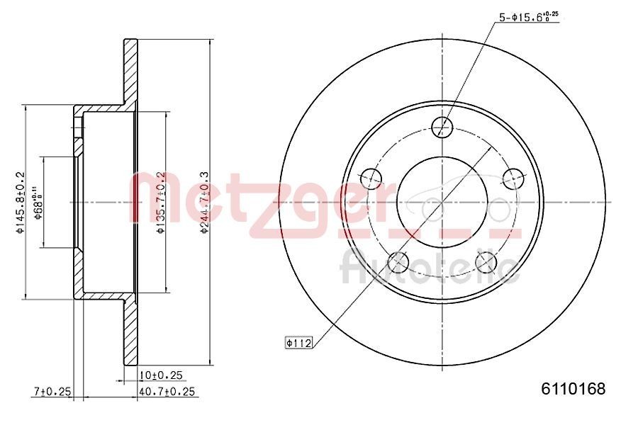 METZGER 6110168: Piduriketas Tagasild, Ø: 245mm, täis, Ø: 245mm, värvitud, Ristlihvimine