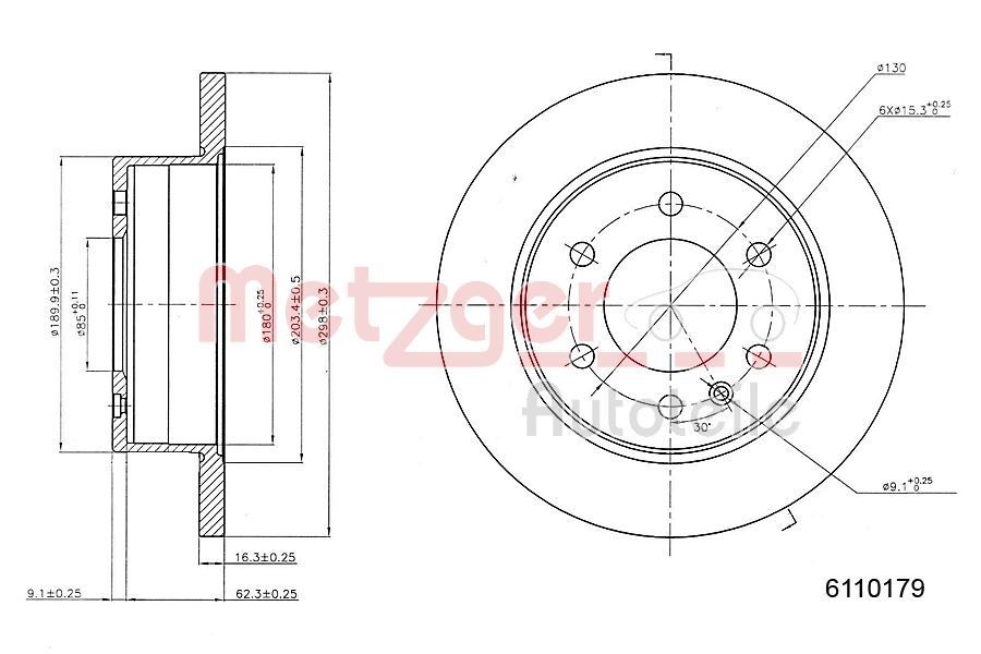 METZGER 6110179: Piduriketas Tagasild, Ø: 298mm, täis, Ø: 298mm, värvitud, Ristlihvimine, koos kruvidega