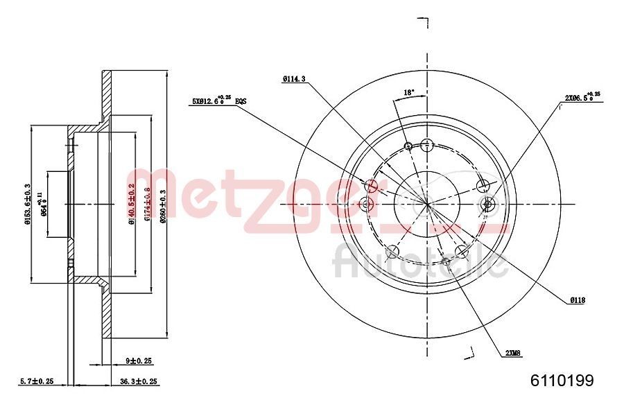 METZGER 6110199: Disc de frână puntea spate, Ř: 260mm, plin, Ř: 260mm, lacuit, Șlefuire în cruce