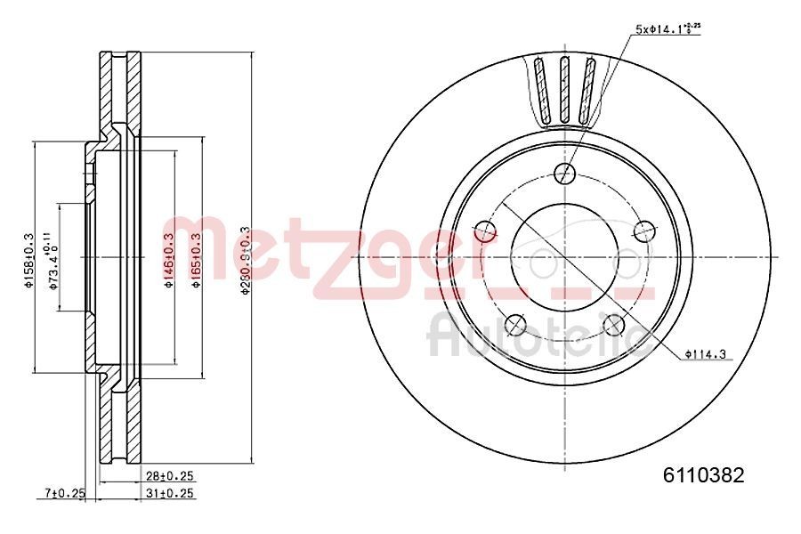 METZGER 6110382: Piduriketas esisild vasakul, esisild paremal, Ø: 281mm, sisemine õhutus, Ø: 281mm, värvitud, Ristlihvimine