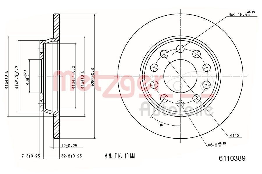 METZGER 6110389: Piduriketas Tagasild, Ø: 255mm, täis, Ø: 255mm, värvitud, Ristlihvimine, koos kruvidega