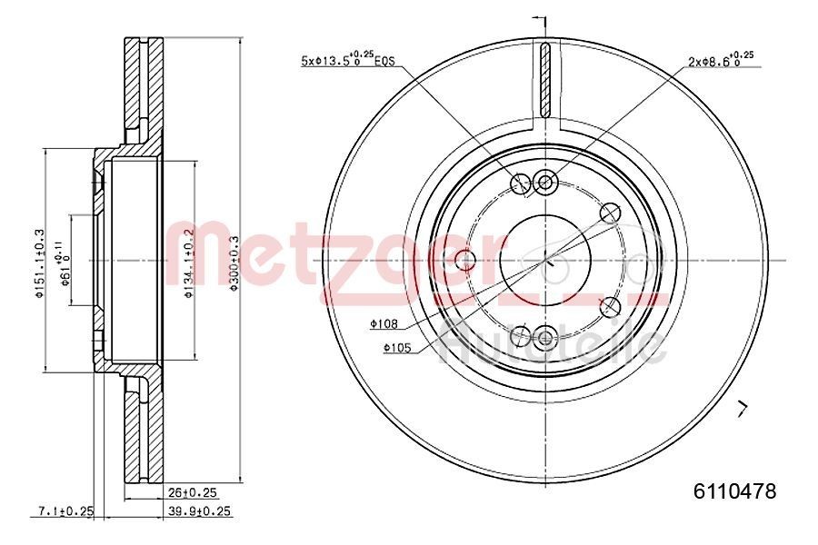 METZGER 6110478: Piduriketas esisild vasakul, esisild paremal, Ø: 300mm, sisemine õhutus, Ø: 300mm, värvitud, Ristlihvimine, koos kruvidega
