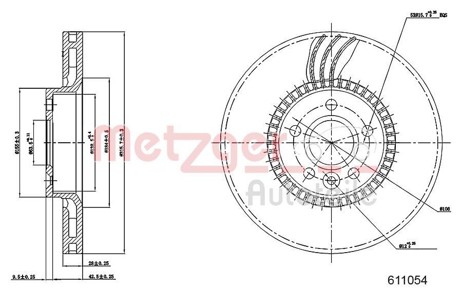 METZGER 6110504: Piduriketas esisild vasakul, esisild paremal, Ø: 316mm, sisemine õhutus, Ø: 316mm, värvitud, Ristlihvimine