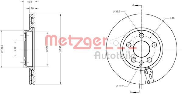 METZGER 6110528: Disc de frână punte fata, Ř: 257mm, ventilat interior, Ř: 257mm, lacuit, Șlefuire în cruce