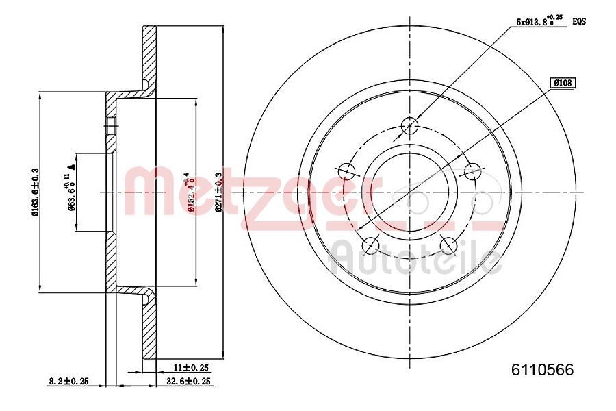 METZGER 6110566: Piduriketas Tagasild, Ø: 271mm, täis, Ø: 271mm, värvitud, Ristlihvimine, ilma kruvideta