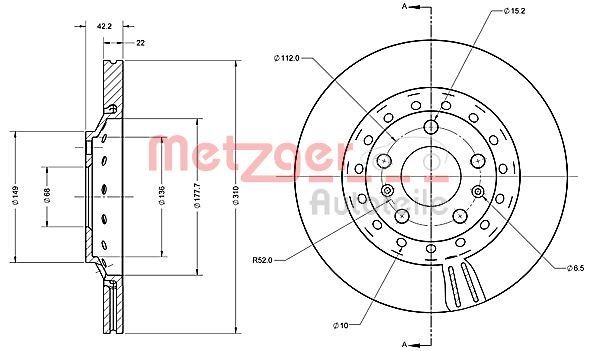 METZGER 6110588: Piduriketas Tagasild, Ø: 310mm, sisemine õhutus, Ø: 310mm, värvitud, Ristlihvimine, koos kruvidega