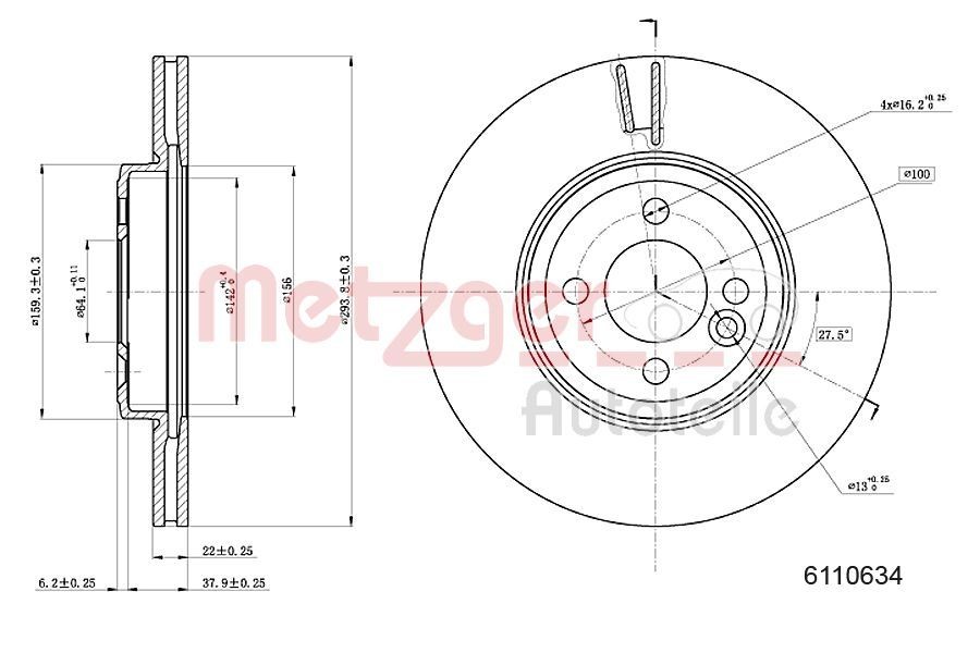 METZGER 6110634: Piduriketas esisild vasakul, esisild paremal, Ø: 294mm, sisemine õhutus, Ø: 294mm, värvitud, Ristlihvimine, koos kruvidega