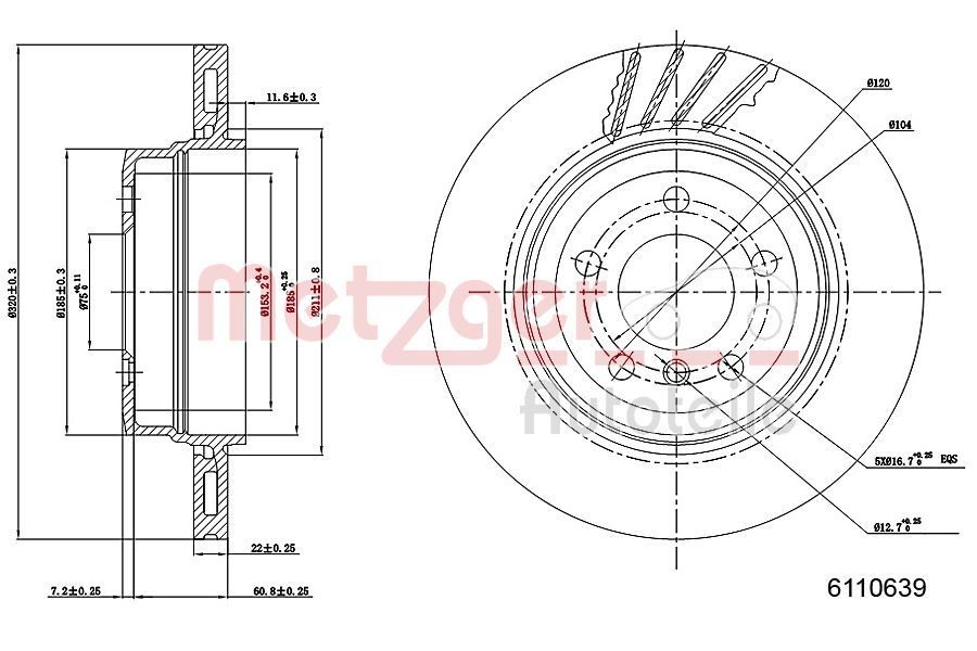 METZGER 6110639: Piduriketas Tagasild, Ø: 320mm, sisemine õhutus, Ø: 320mm, värvitud, Ristlihvimine, koos kruvidega