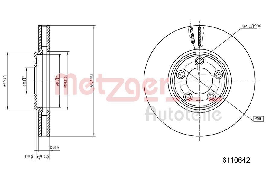 METZGER 6110642: Disque de frein Essieu avant gauche, Essieu avant droit, Ø: 300mm, ventilé de l'intérieur, Ø: 300mm, peint, Ponçage croisé