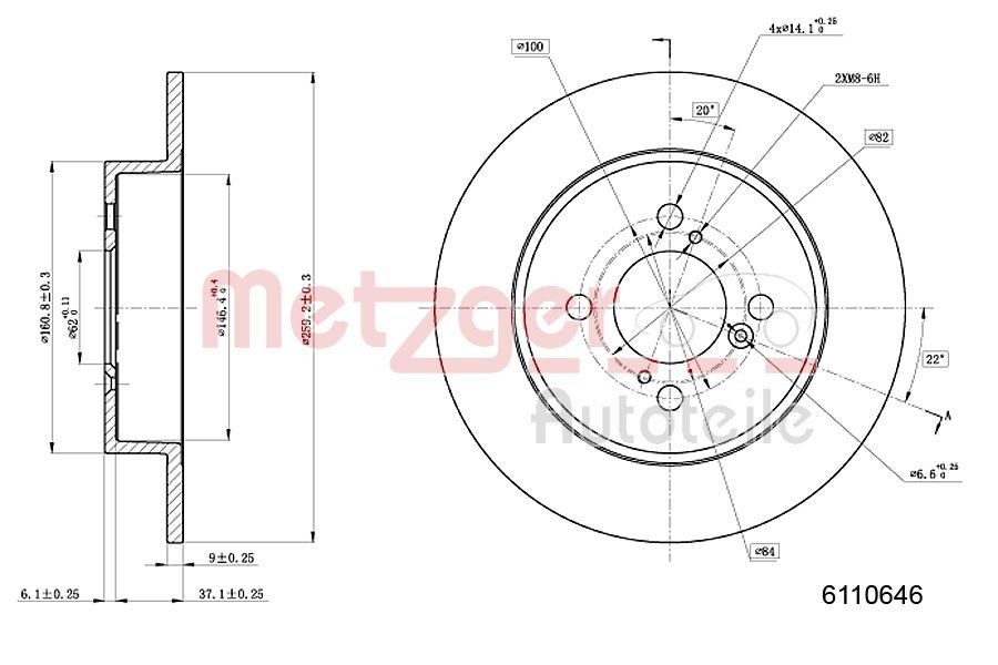 METZGER 6110646: Disc de frână puntea spate, Ř: 259mm, plin, Ř: 259mm, lacuit, Șlefuire în cruce