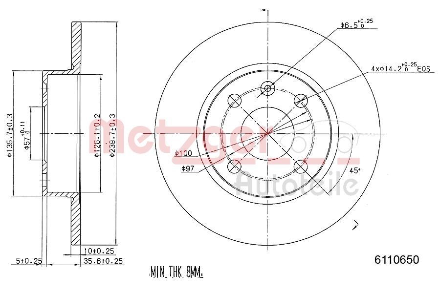 METZGER 6110650: Disc de frână puntea spate, Ř: 240mm, plin, Ř: 240mm, lacuit, Șlefuire în cruce, cu suruburi