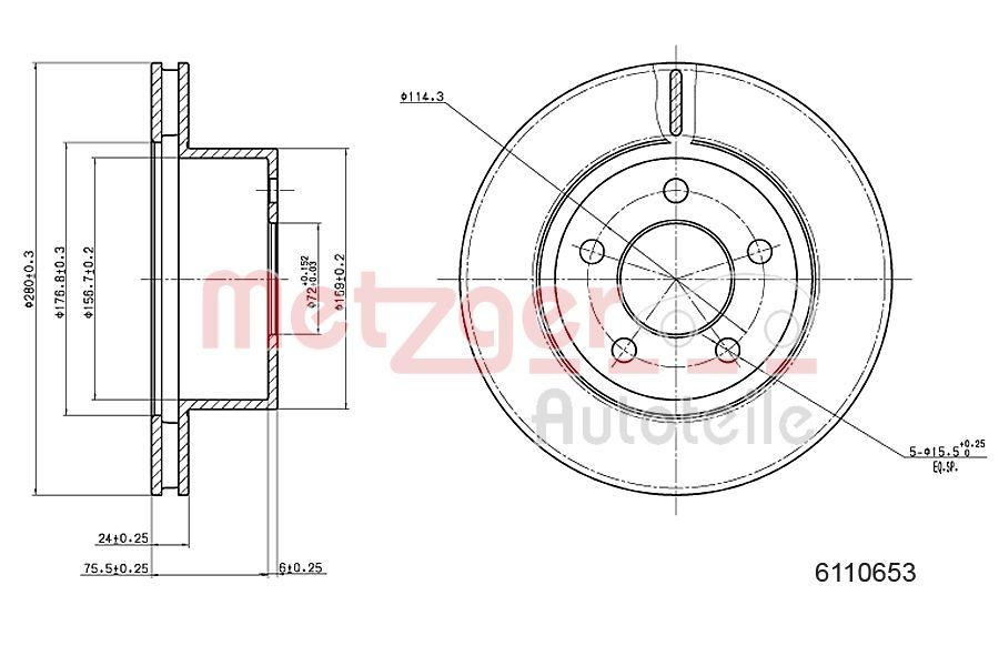 METZGER 6110653: Piduriketas esisild vasakul, esisild paremal, Ø: 280mm, sisemine õhutus, Ø: 280mm, värvitud, Ristlihvimine
