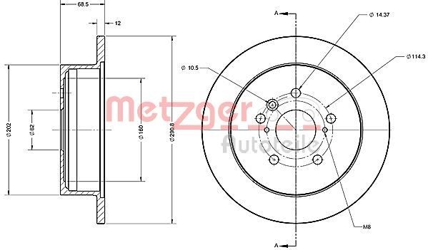 METZGER 6110658: Disc de frână puntea spate, Ř: 291mm, plin, Ř: 291mm, lacuit, Șlefuire în cruce