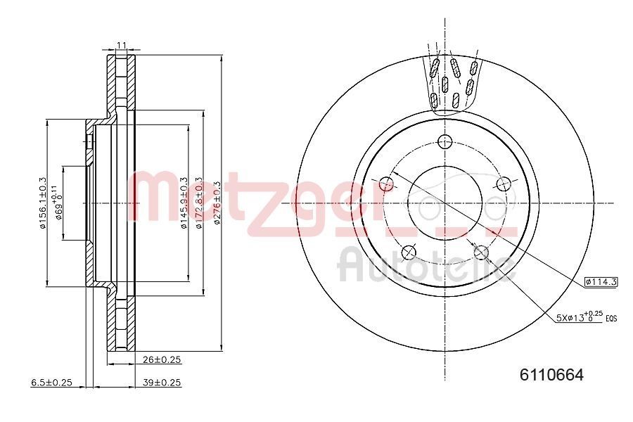METZGER 6110664: Piduriketas esisild vasakul, esisild paremal, Ø: 276mm, sisemine õhutus, Ø: 276mm, värvitud, Ristlihvimine