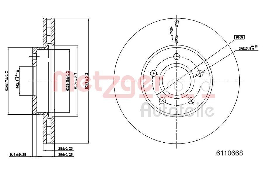 METZGER 6110668: Disc de frână Axa fata stanga, Axa fata dreapta, Ř: 278mm, ventilat interior, Ř: 278mm, lacuit, Șlefuire în cruce