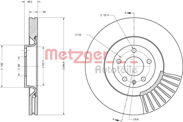 METZGER 6110669: Disc de frână punte fata, Ř: 345mm, ventilat interior, Ř: 345mm, lacuit, Șlefuire în cruce, cu suruburi