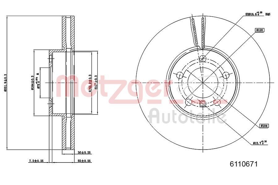 METZGER 6110671: Disc de frână Axa fata stanga, Axa fata dreapta, Ř: 332mm, ventilat interior, Ř: 332mm, lacuit, Șlefuire în cruce, cu suruburi