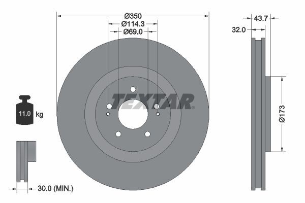 TEXTAR 92271203: Disco de freno Ø: 350mm, ventilación interna, Ø: 350mm, revestido, sin buje de rueda, sin cojinete rueda, sin perno de sujeción de rueda PRO