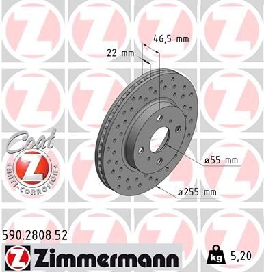ZIMMERMANN 590.2808.52: Disc de frână Ř: 255mm, ventilat interior, perforat, Ř: 255mm, acoperit (cu un strat protector) SPORT COAT Z