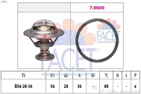 FACET 7.8948: Termostat, kylvätska 88°C, 56mm, 28mm, Made in Italy - OE Equivalent