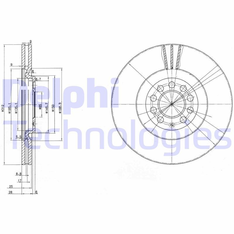 DELPHI BG3528C: Piduriketas Ø: 312mm, õhutusega, Ø: 312mm, kaetud